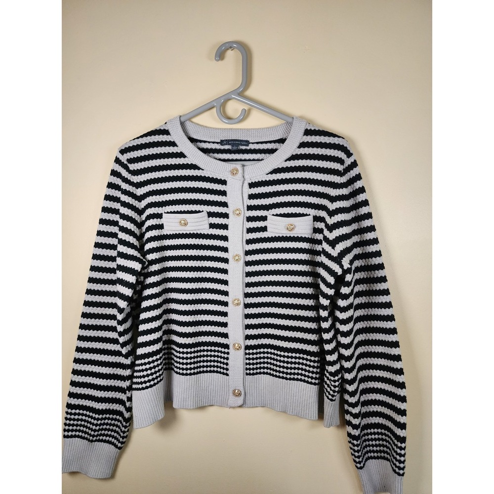 Adrianna Papell LadyLike Stripe Knit Cardigan Jacket Sweater GoldCrest Buttons M